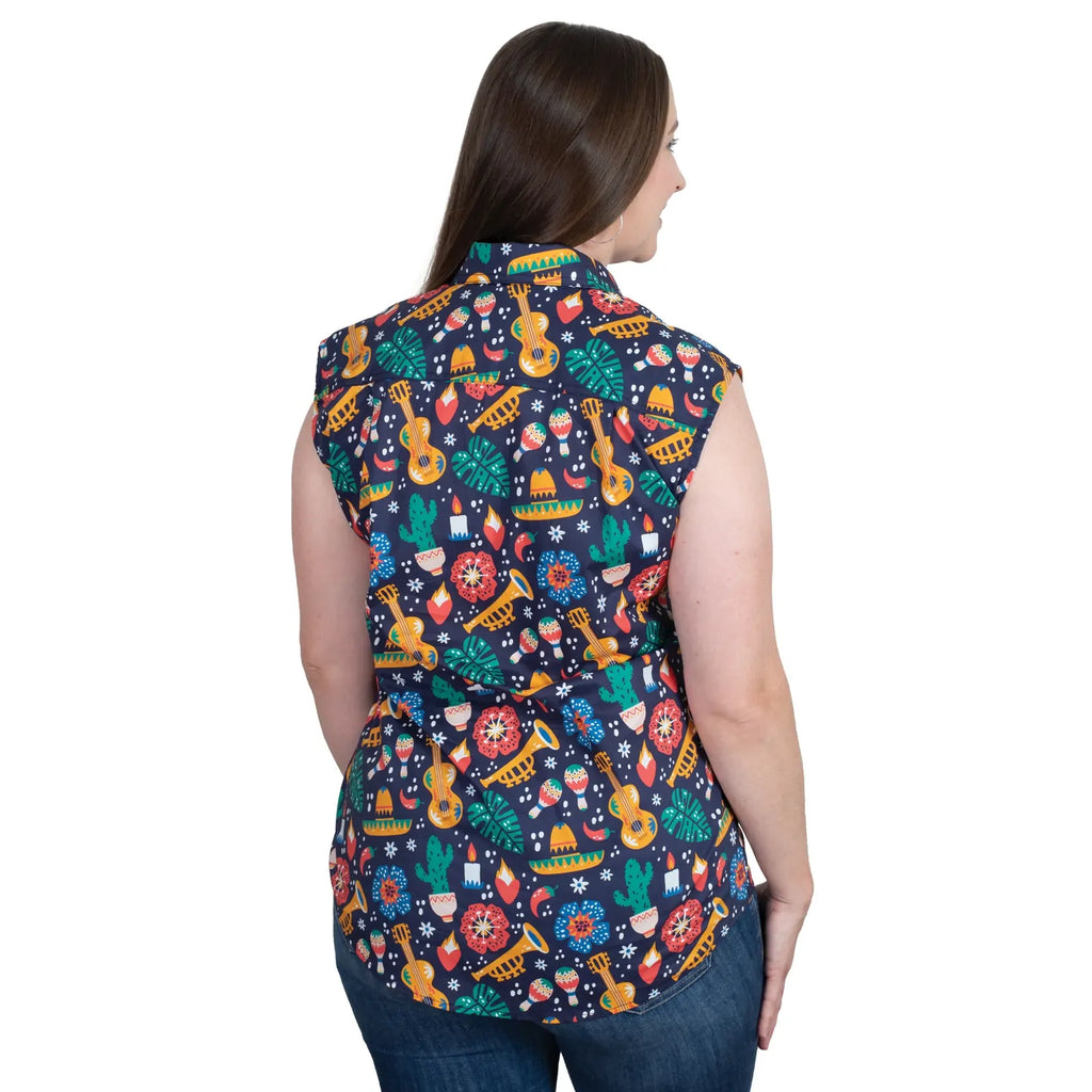 Just Country Womens Lilly Half Button Sleeveless Print Shirt (WWNSR250) Navy Fiesta