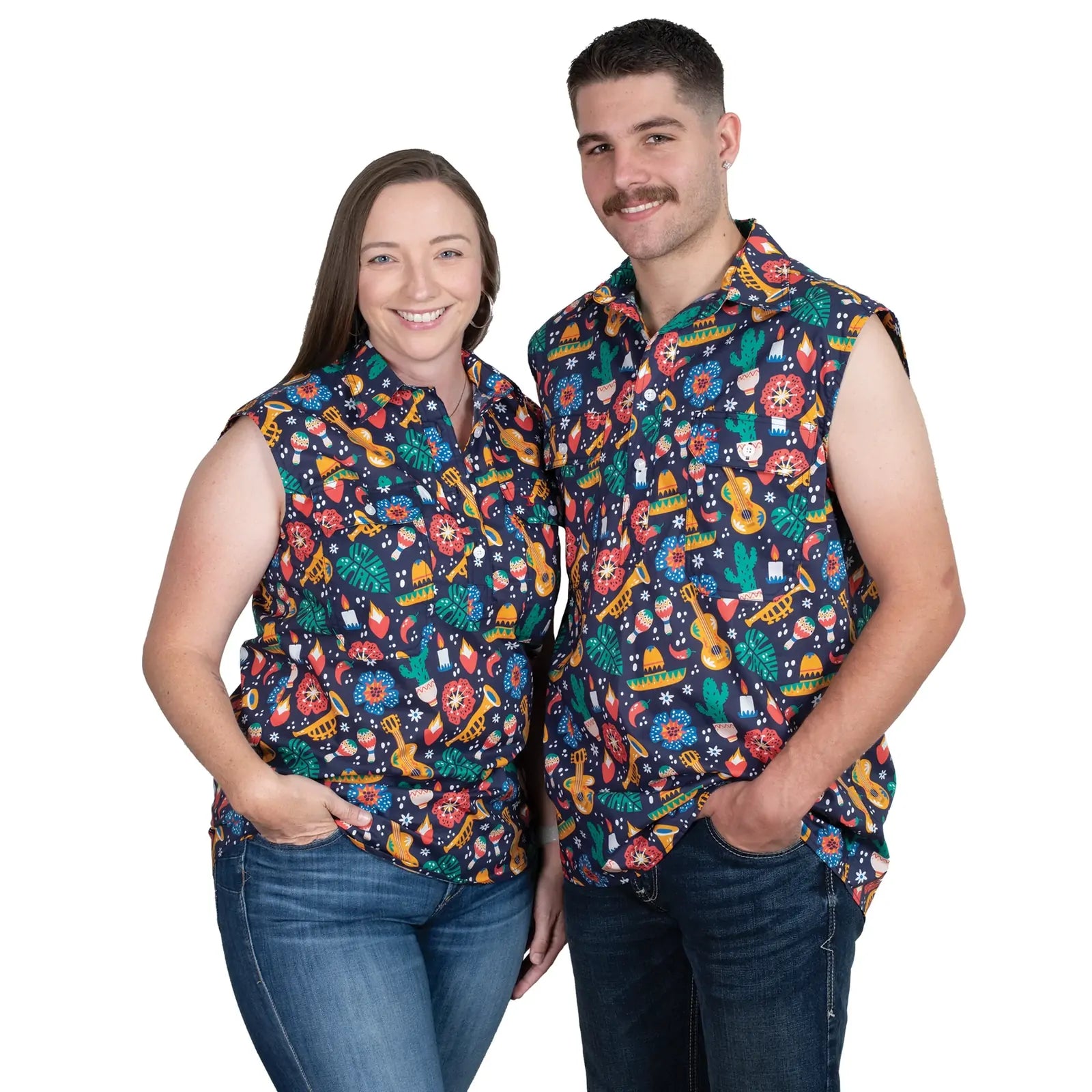 Just Country Womens Lilly Half Button Sleeveless Print Shirt (WWNSR250) Navy Fiesta
