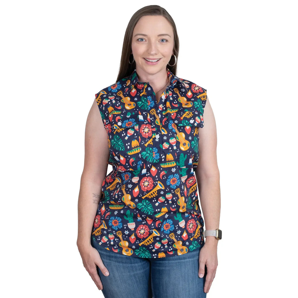 Just Country Womens Lilly Half Button Sleeveless Print Shirt (WWNSR250) Navy Fiesta