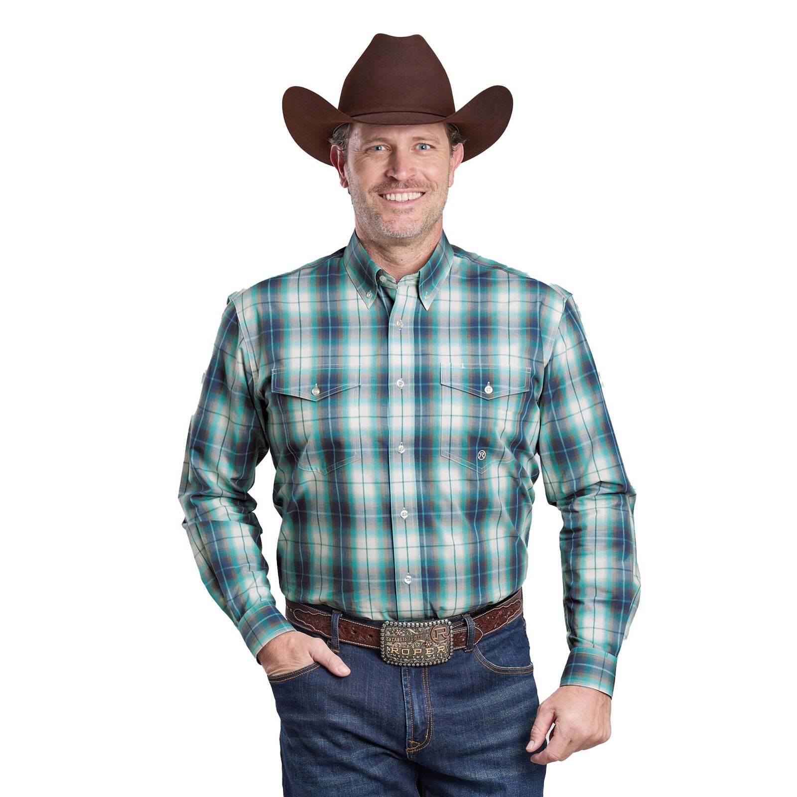 Roper Mens Amarillo Collection L/S Shirt (1378038) Plaid Blue