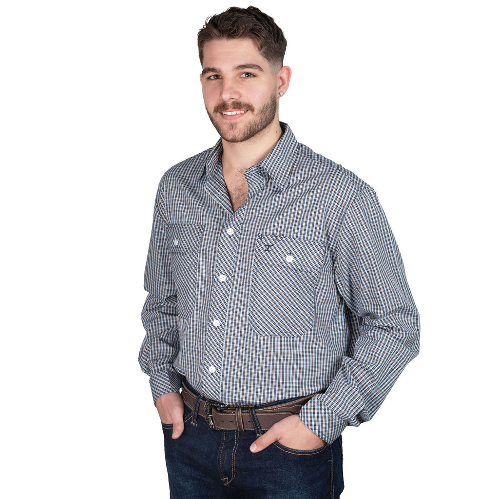 Just Country Mens Austin Full Button L/S Print Shirt (MWLS2585) Navy/Light Blue Check
