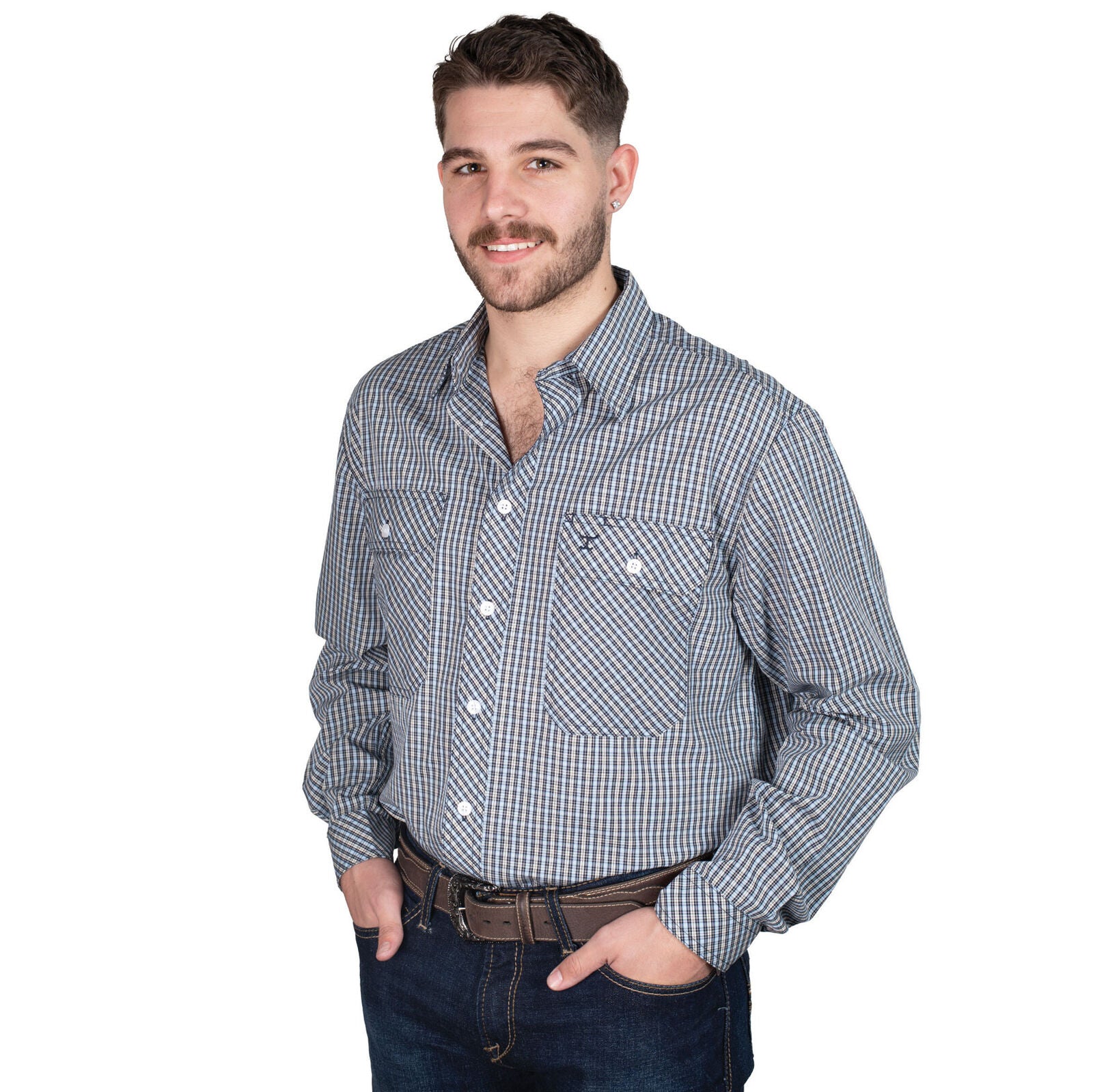 Just Country Mens Austin Full Button L/S Print Shirt (MWLS2585) Navy/Light Blue Check