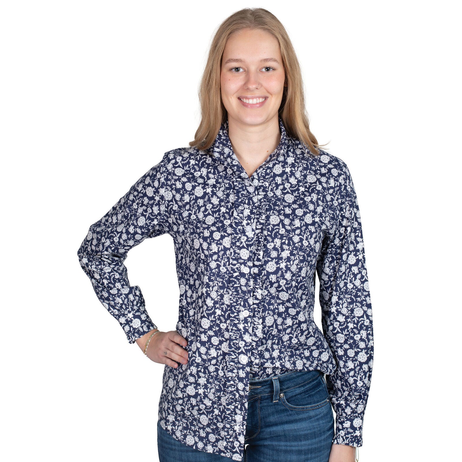 Just Country Womens Abbey Frills Full Button L/S Print Shirt (WWLS2560) Navy Floral