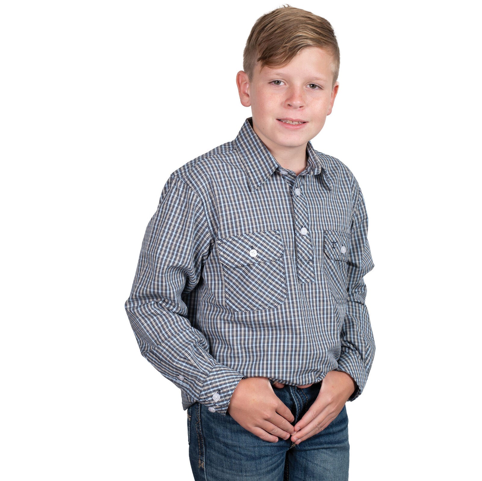 Just Country Boys Brayden Half Button L/S Print Shirt (BWLS2585) Navy/Light Blue Check