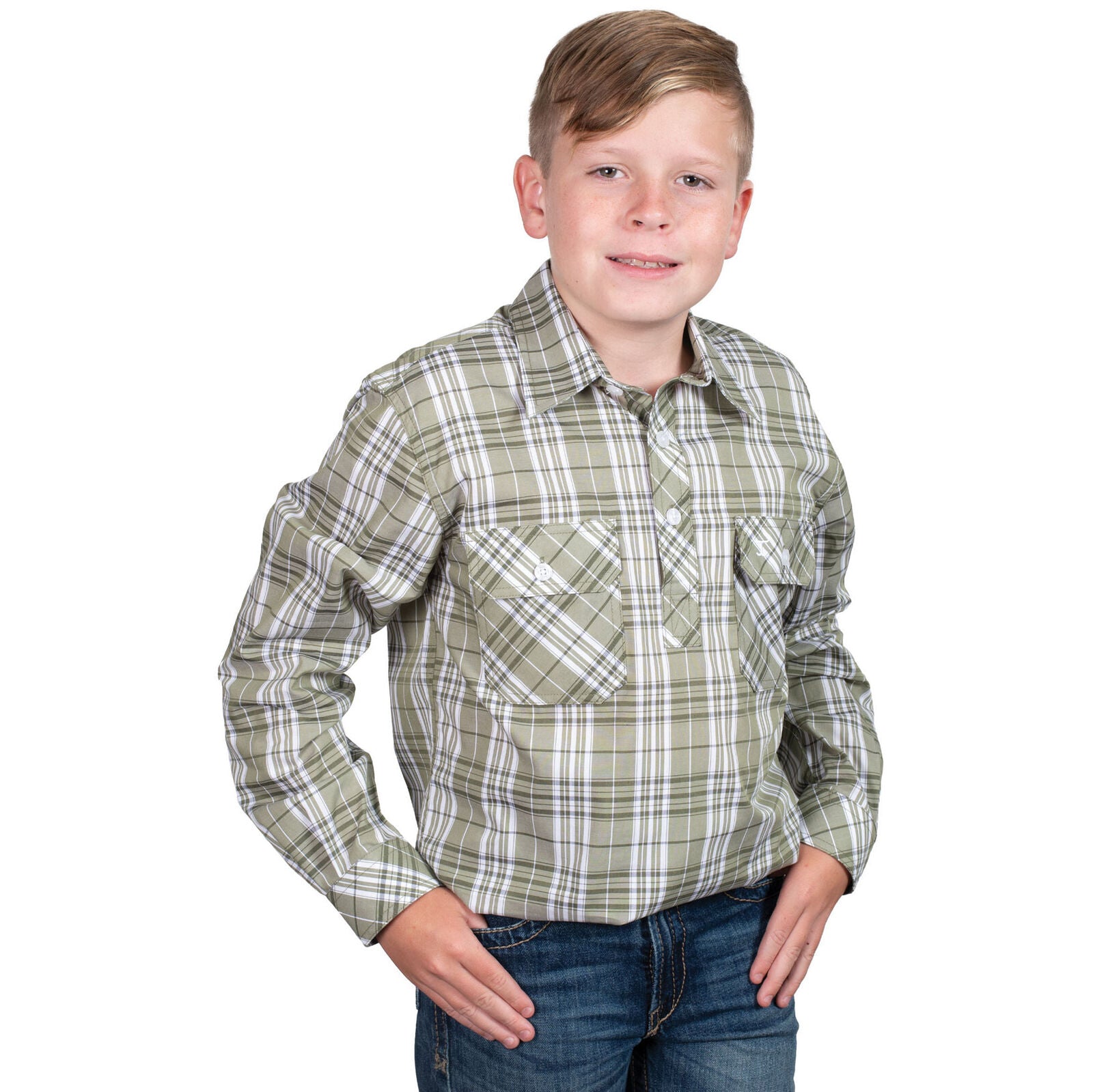 Just Country Boys Brayden Half Button L/S Print Shirt (BWLS2586) Olive Plaid