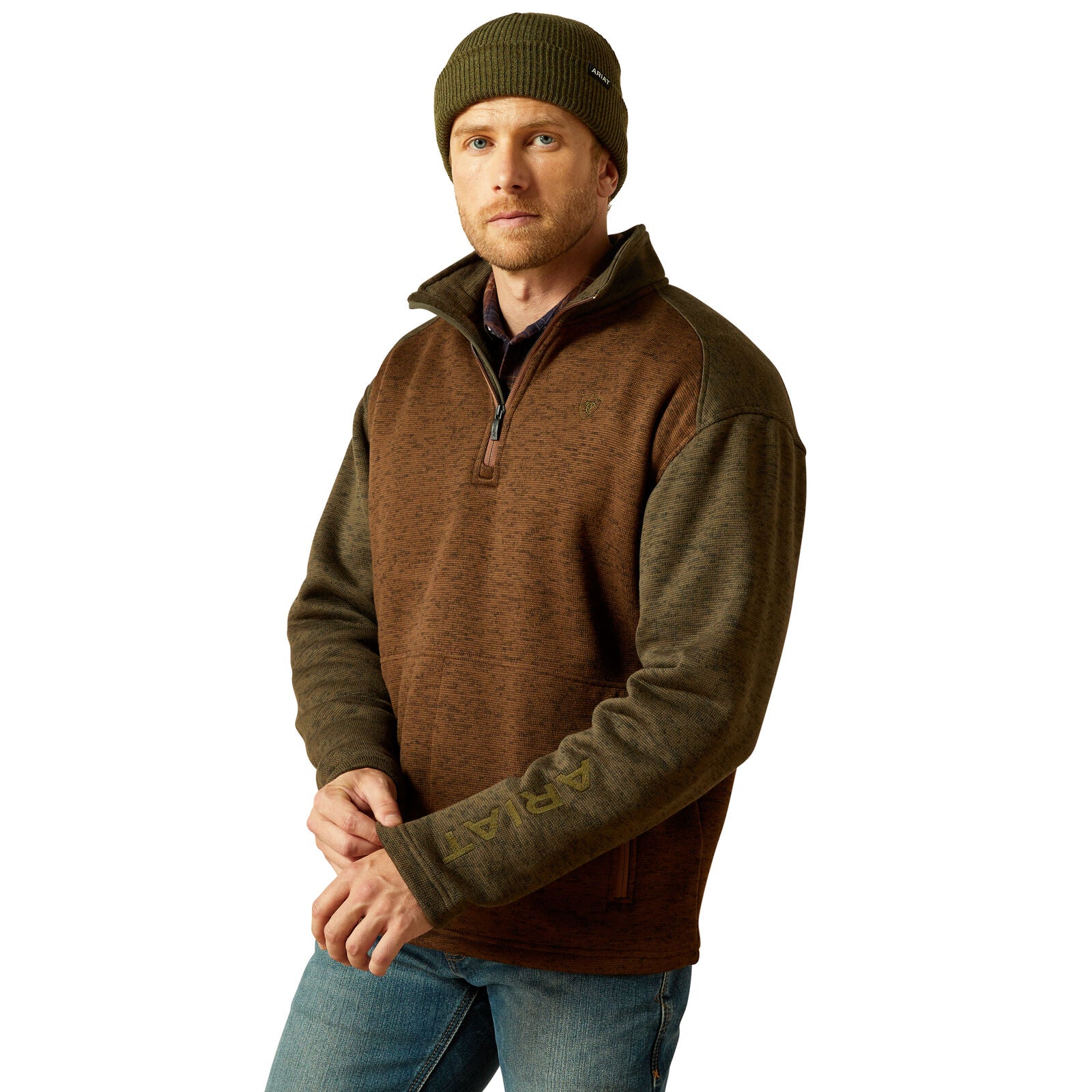 Ariat Mens Caldwell Logo 1/4 Zip Sweater (10062623) Carafe/Earth Green