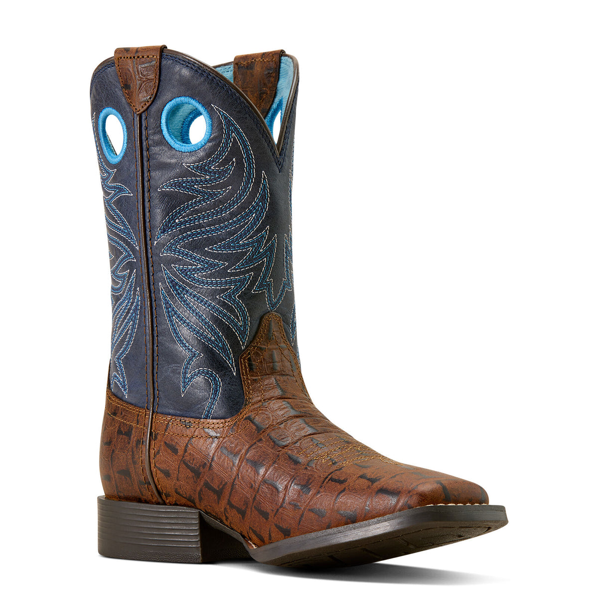 Ariat Childrens Knox Wide Square Toe Western Boots (10074192) Brown Crocodile Print/Navy