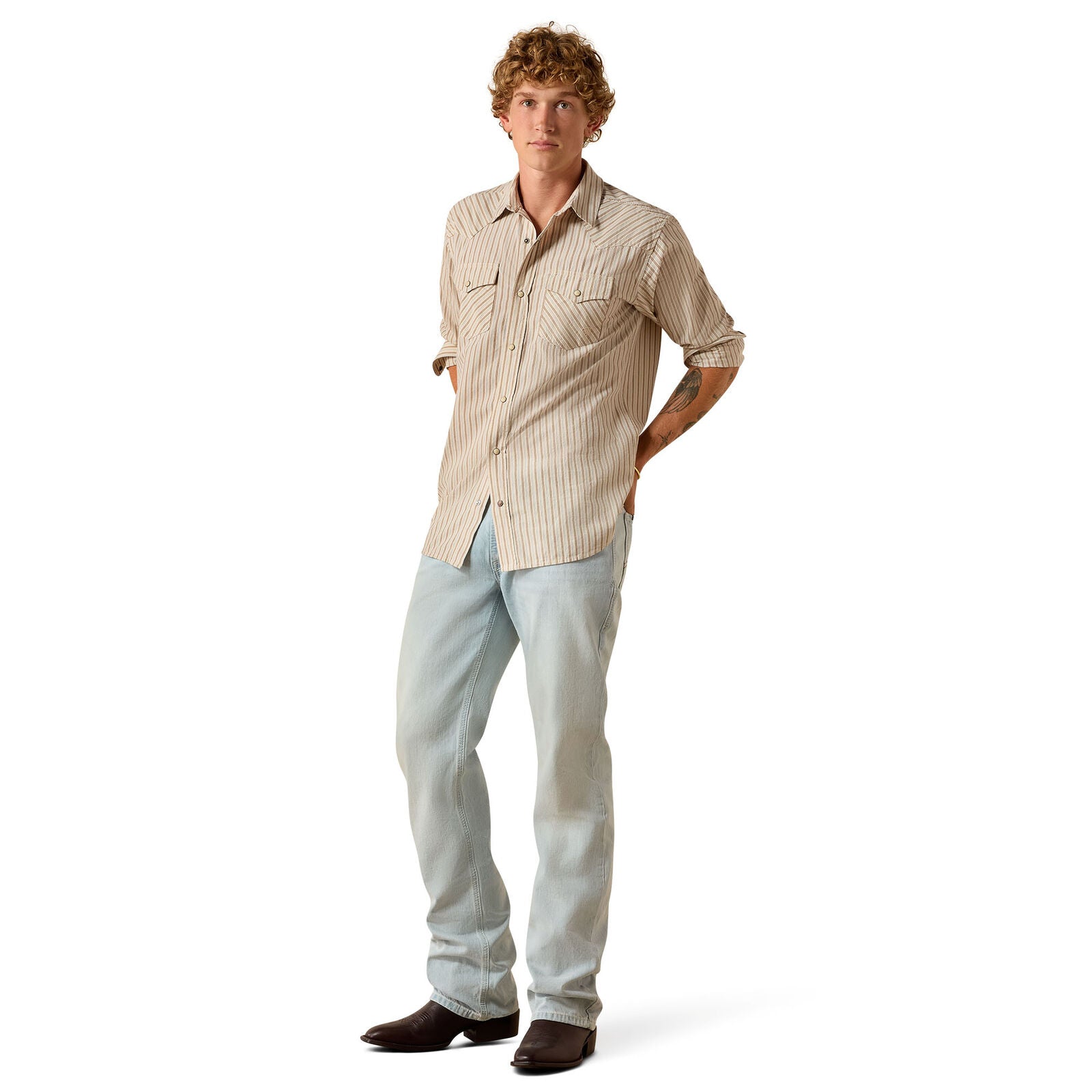 Ariat Mens Retro Hesper Fitted Snap S/S Shirt (10071090) Sandshell Stripe