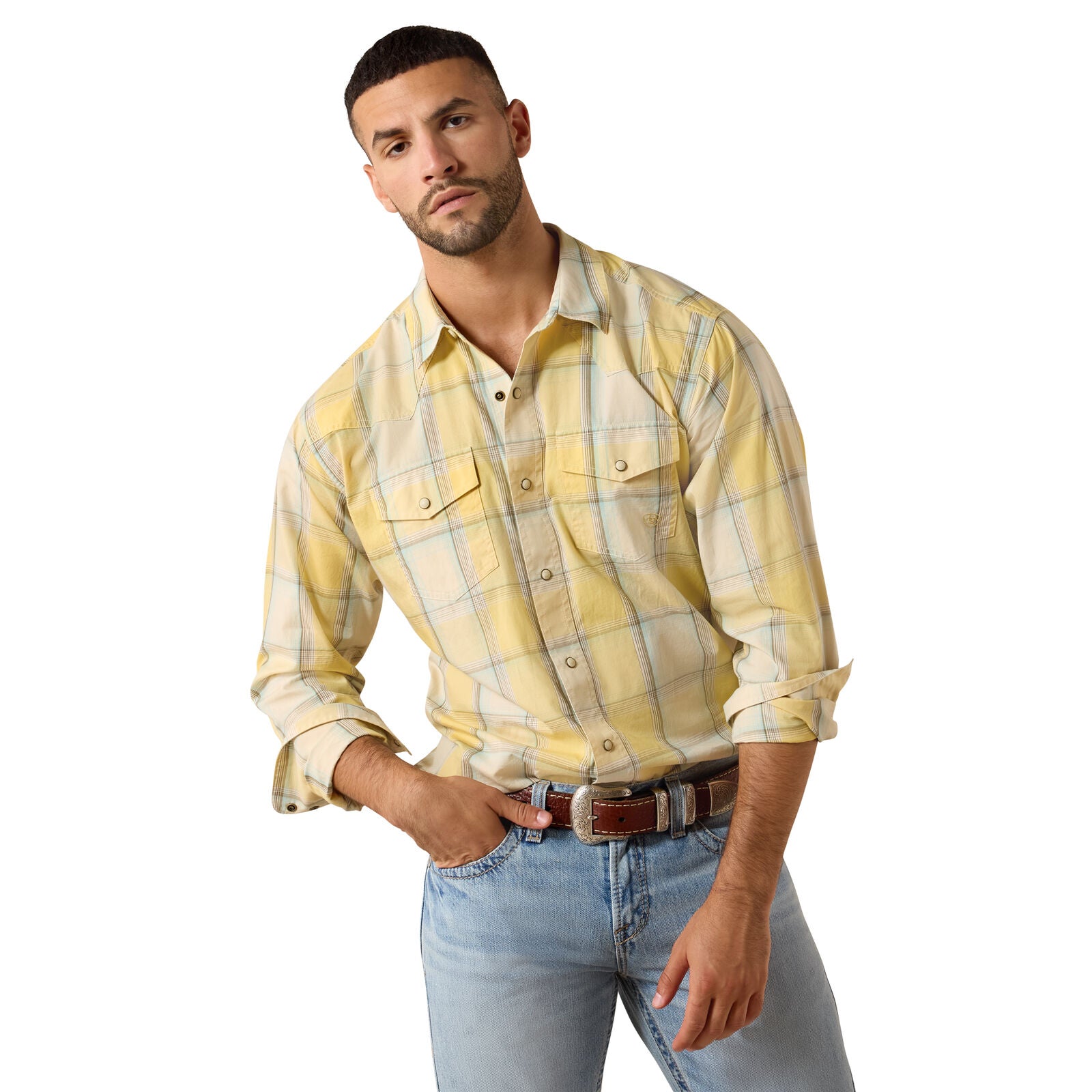 Ariat Mens Retro Hux Fitted Snap S/S Shirt (10071644) Chai Tea Plaid