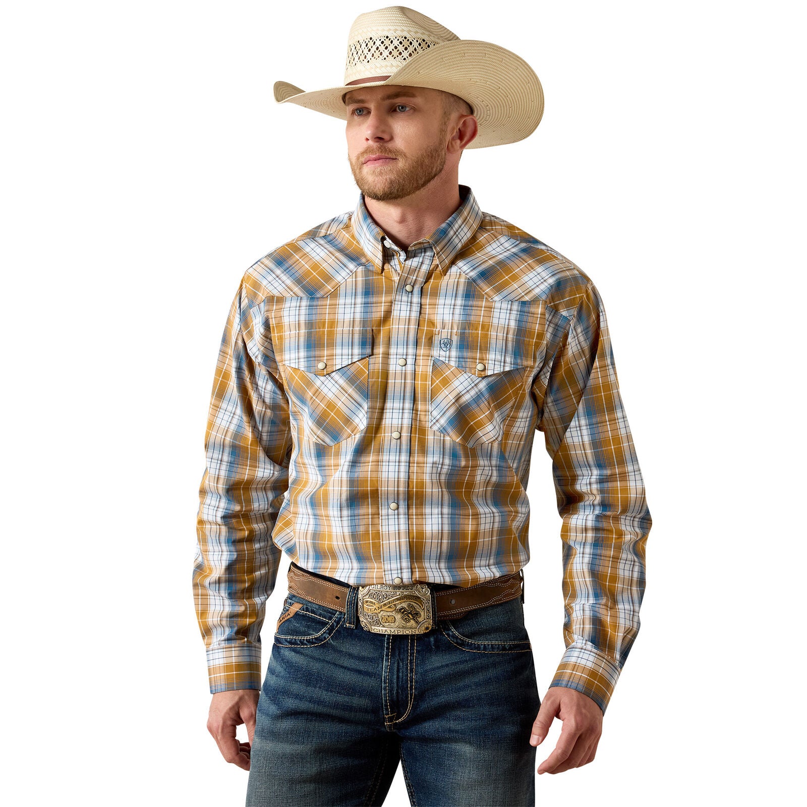 Ariat Mens Pro Series Tiango Classic Fit Snap L/S Shirt (10071034) Golden Brown Plaid
