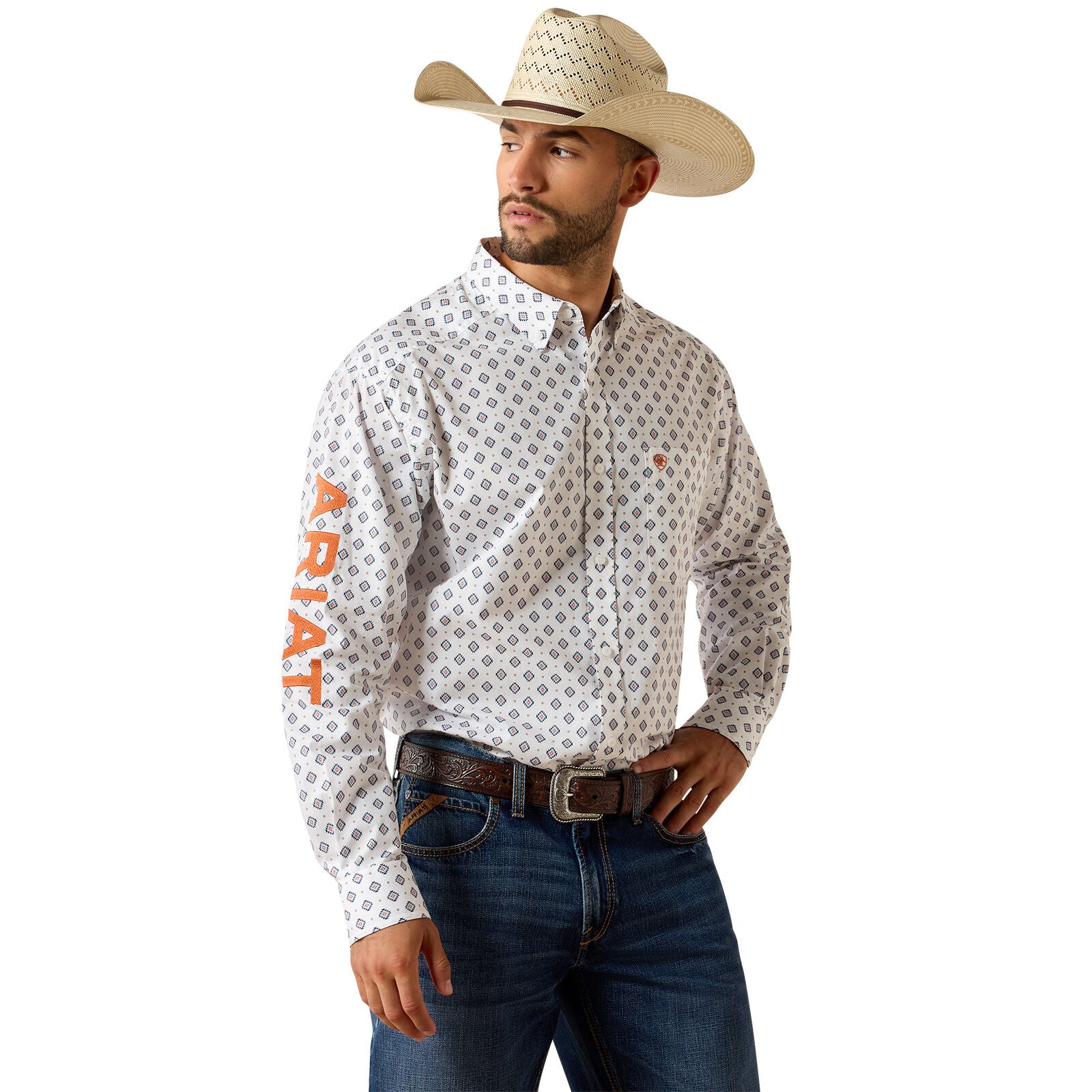 Ariat Mens Team Jericho Classic Fit L/S Shirt (10071718) White/Orange