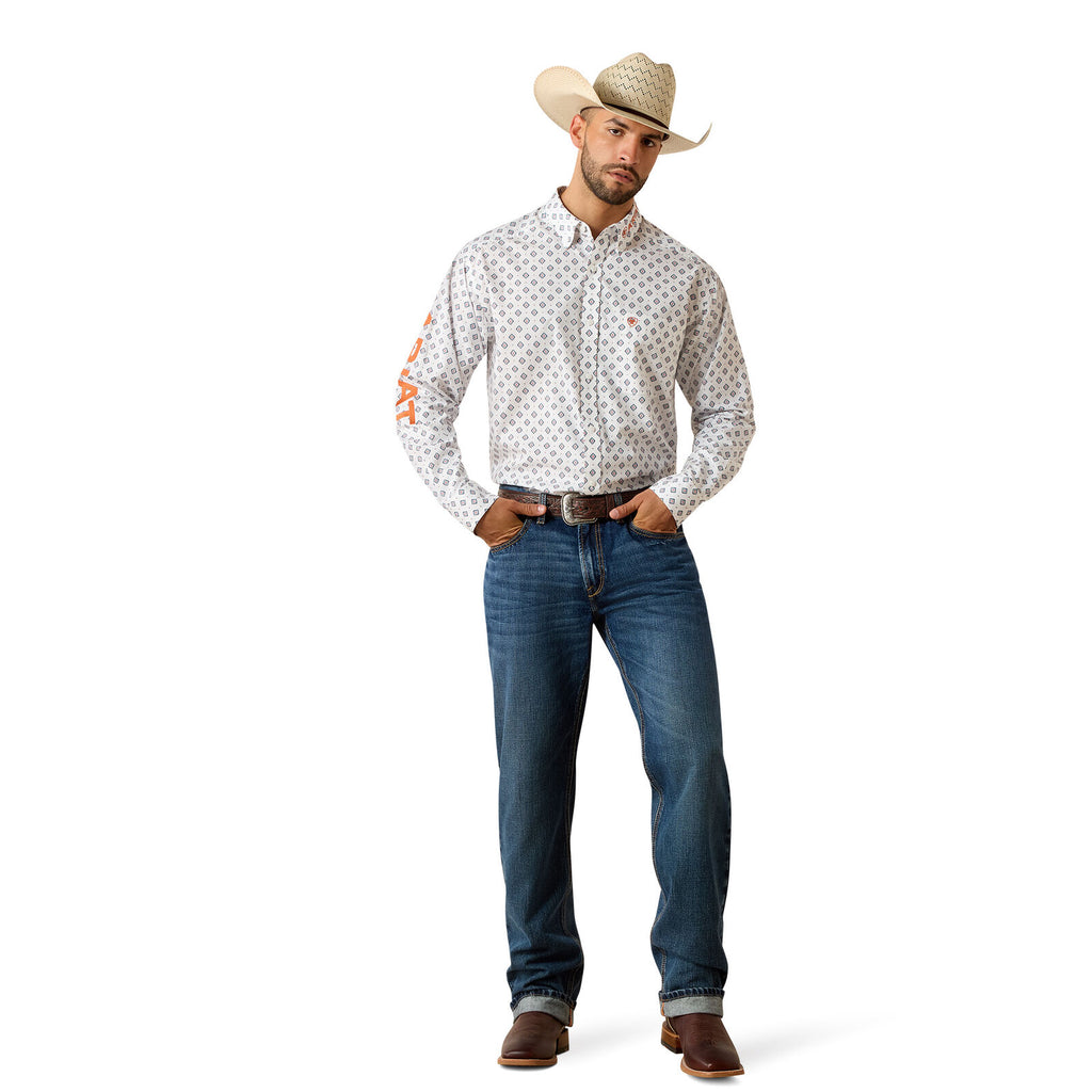 Ariat Mens Team Jericho Classic Fit L/S Shirt (10071718) White/Orange
