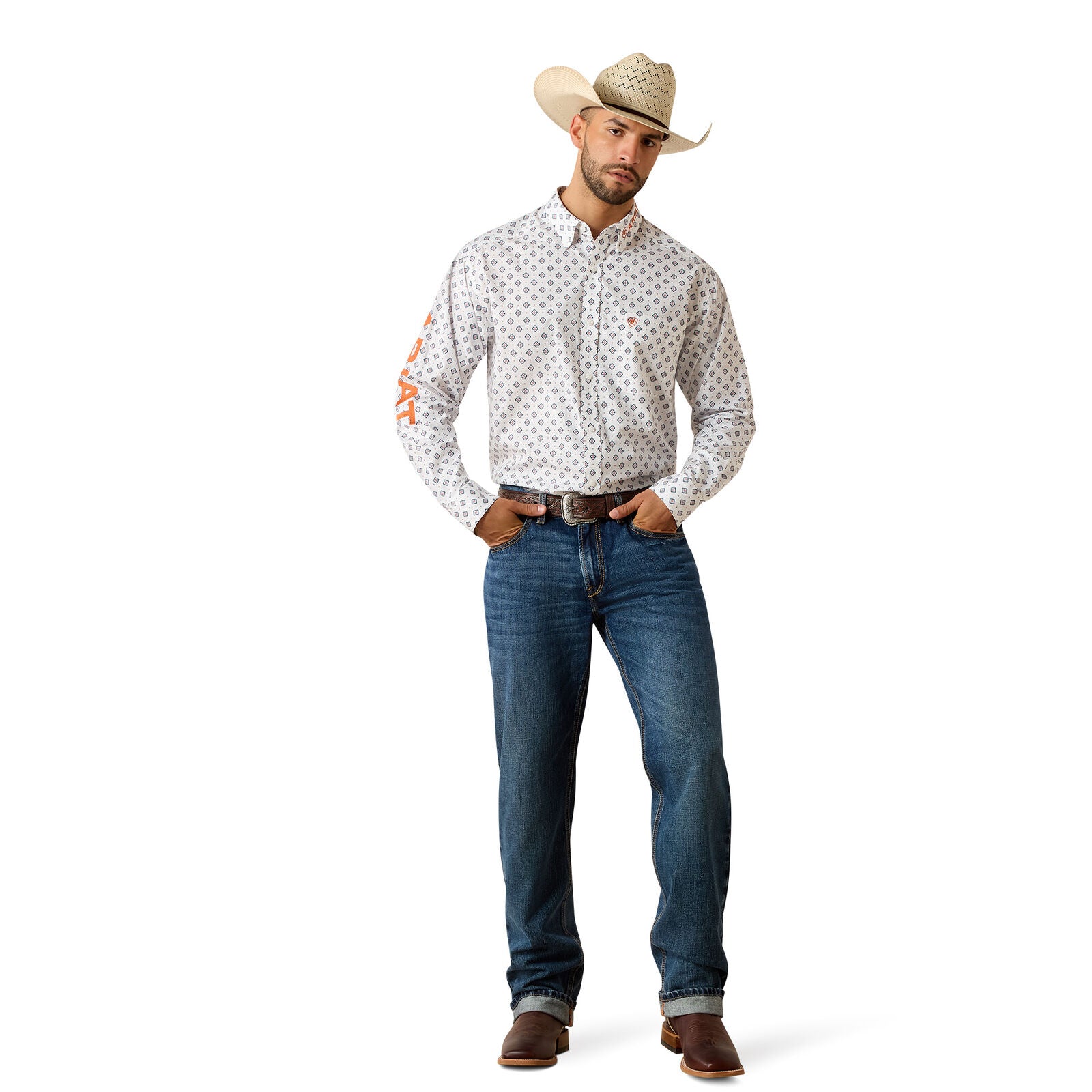 Ariat Mens Team Jericho Classic Fit L/S Shirt (10071718) White/Orange