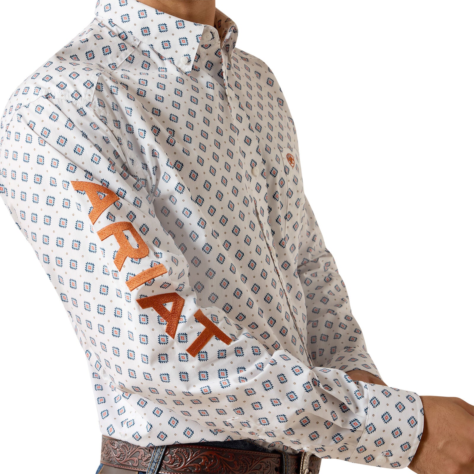 Ariat Mens Team Jericho Classic Fit L/S Shirt (10071718) White/Orange