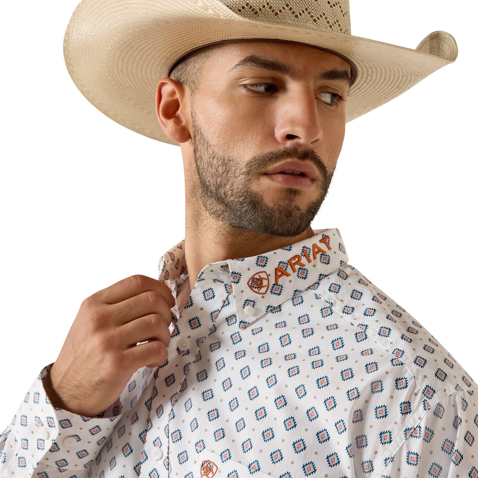 Ariat Mens Team Jericho Classic Fit L/S Shirt (10071718) White/Orange