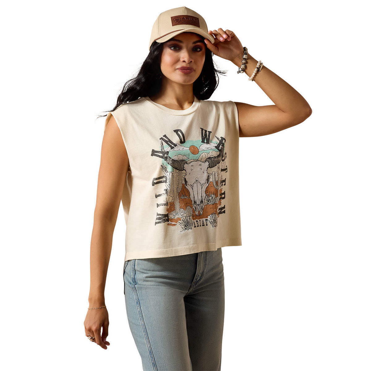 Ariat Womens Steer Skull Landscape Tank (10078378) Faded Ivory