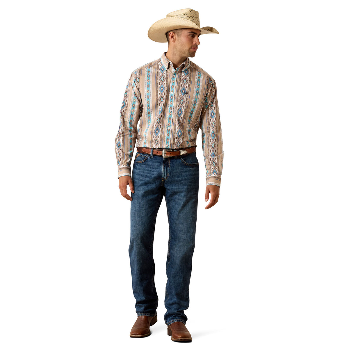 Ariat Mens Team Westlee Classic Fit L/S Shirt (10071714) Khaki/Turquoise