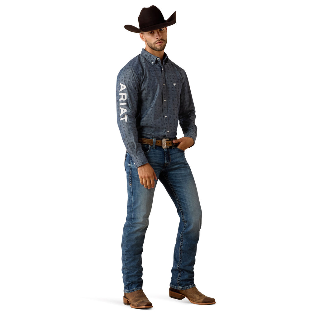 Ariat Mens Team Wael Fitted L/S Shirt (10071713) Blue Steerhead Print/White
