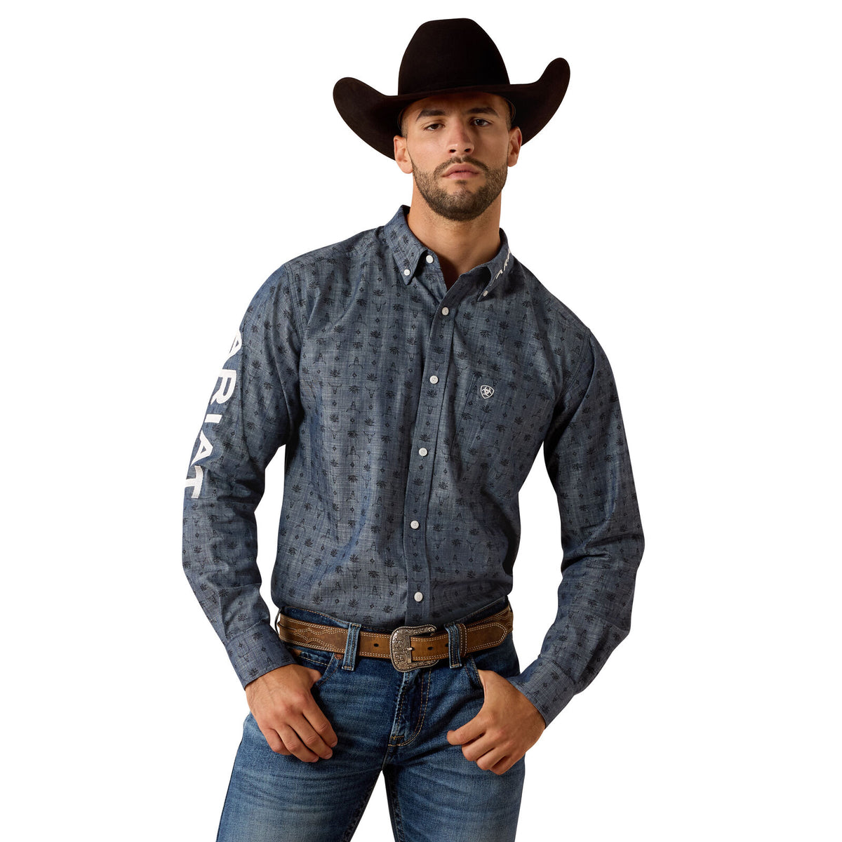 Ariat Mens Team Wael Fitted L/S Shirt (10071713) Blue Steerhead Print/White
