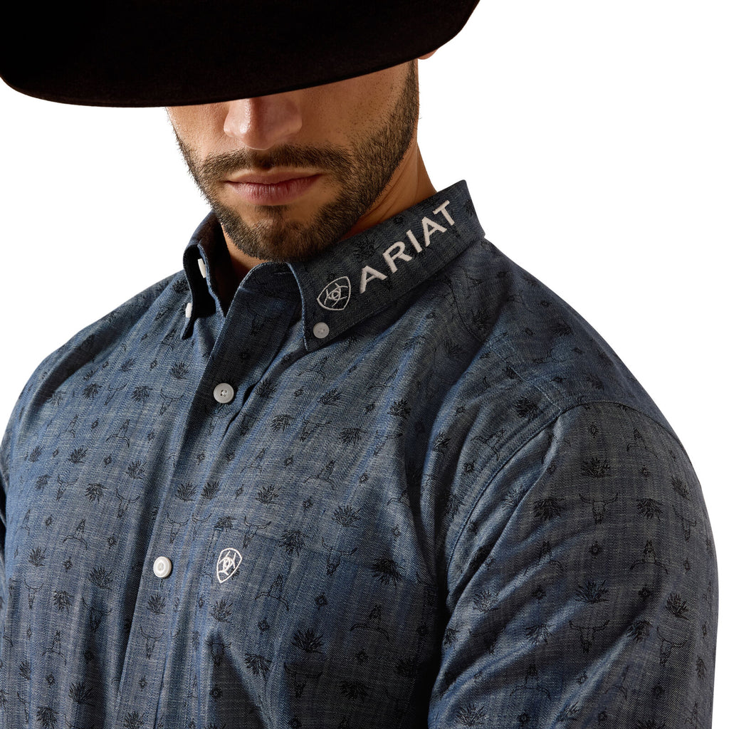 Ariat Mens Team Wael Fitted L/S Shirt (10071713) Blue Steerhead Print/White