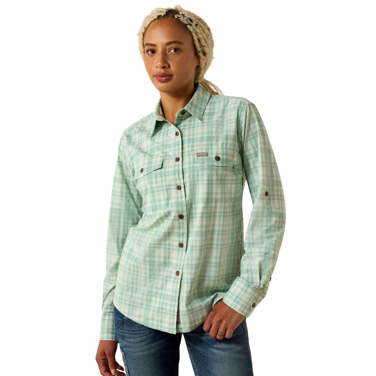 Ariat Womens Rebar Made Tough Durastretch L/S Work Shirt (10071565) Clearly Aqua