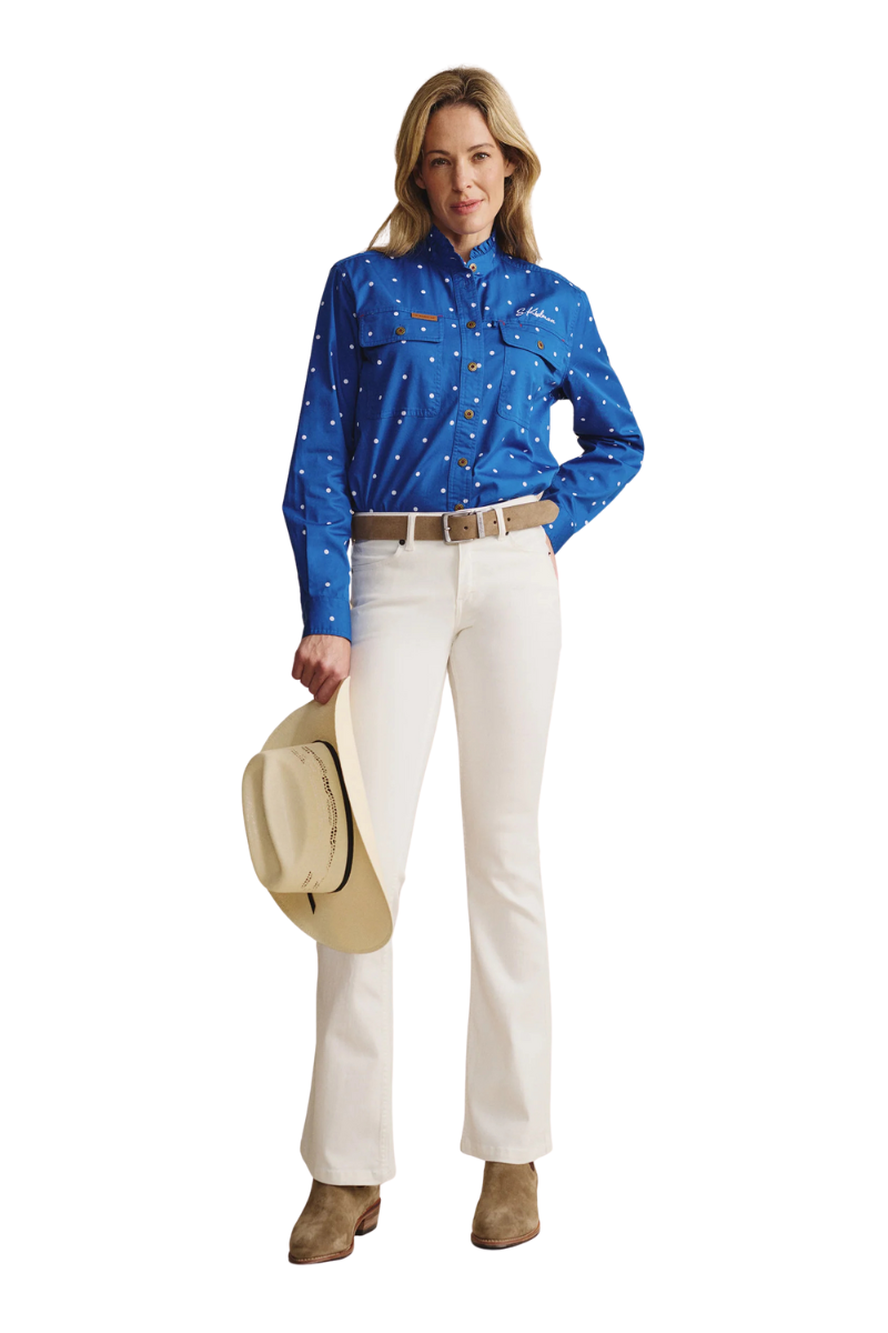 S.Kidman Womens Lilly Pilly Frill Neck Full Button L/S Print Shirt (1SHW00034) Mid Blue