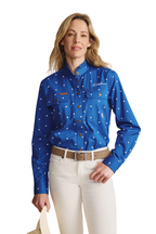 S.Kidman Womens Lilly Pilly Frill Neck Full Button L/S Print Shirt (1SHW00034) Mid Blue