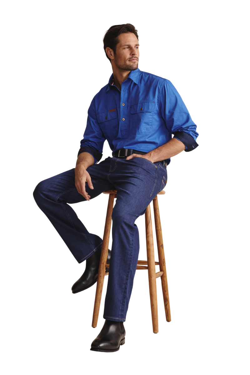 S.Kidman Mens Brockman Half Button L/S Work Shirt (1SHM00131) Mid Blue