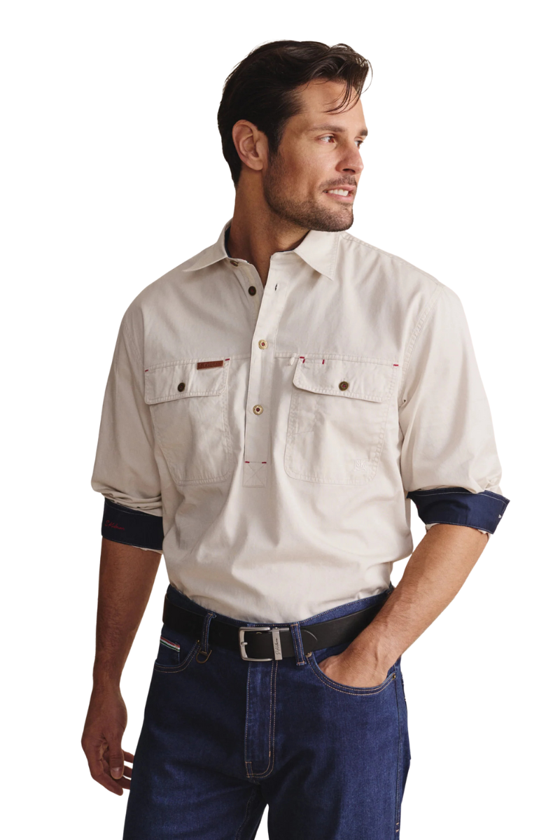 S.Kidman Mens Brockman Half Button L/S Work Shirt (1SHM00131) Stone