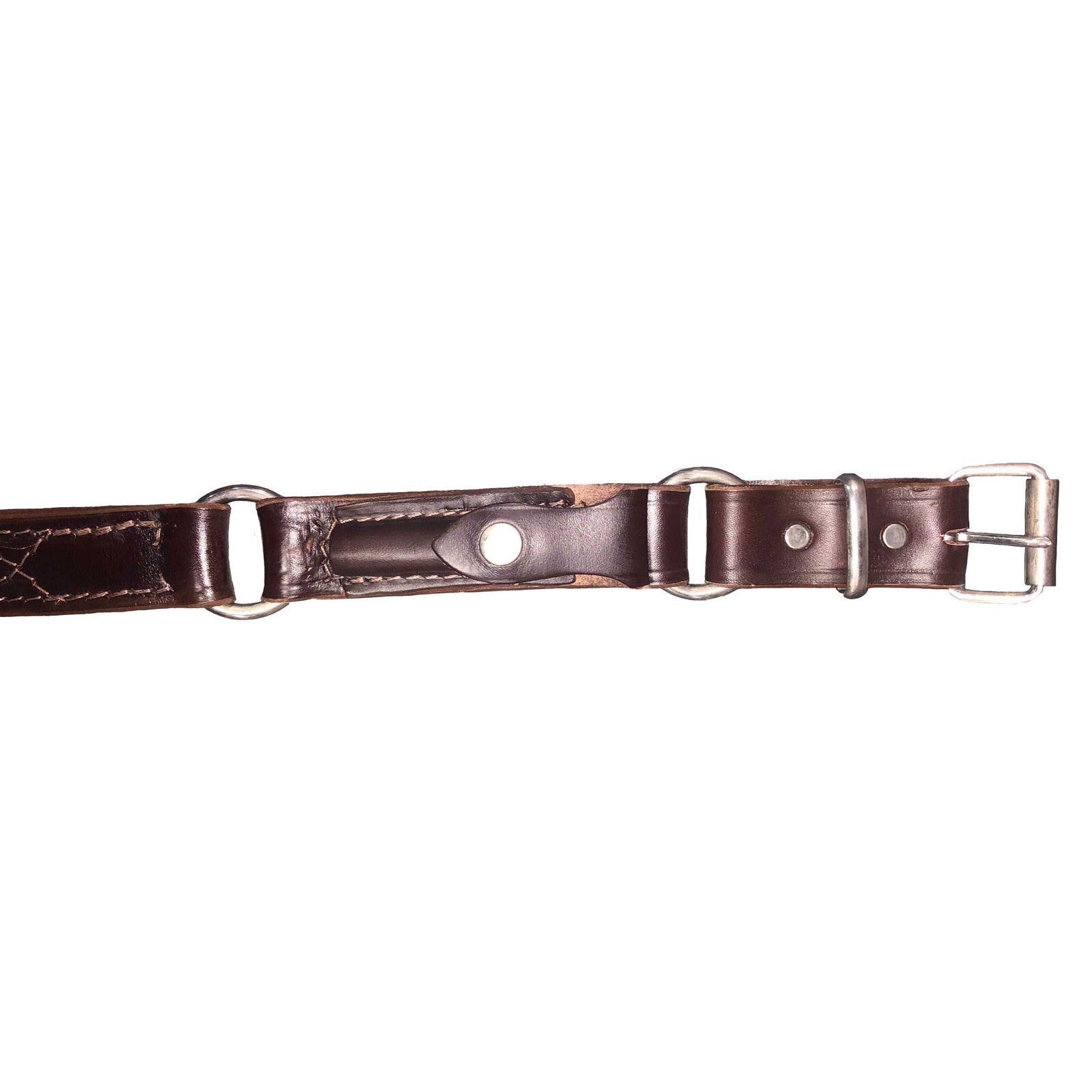 A close-up of the Outback Belts Double Layer Hobble Belt with Knife Pouch, featuring brown leather, metal buckles and rings, and detailed stitching, displayed flat against a white background.