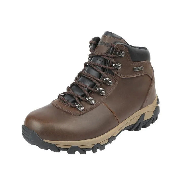 Brown hiking boot with black sole on a white background
