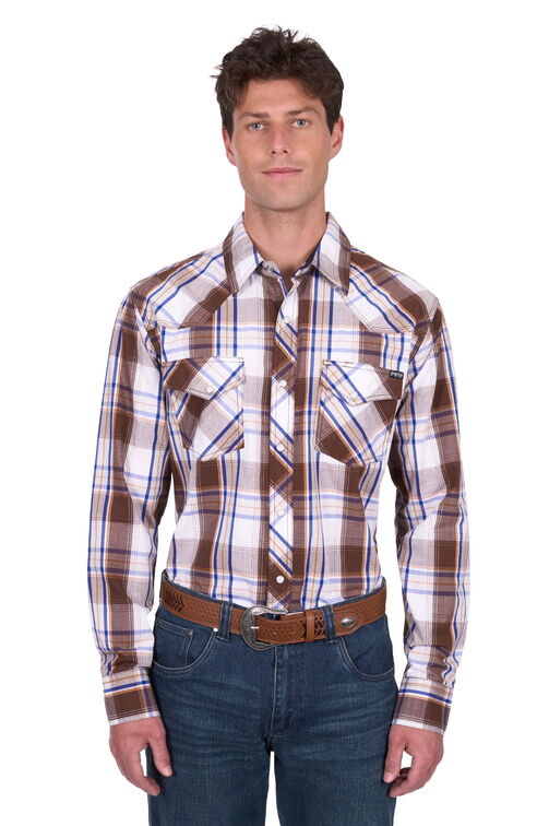 Pure Western Mens George L/S Shirt (P5S1100073) Dark Tan/Blue