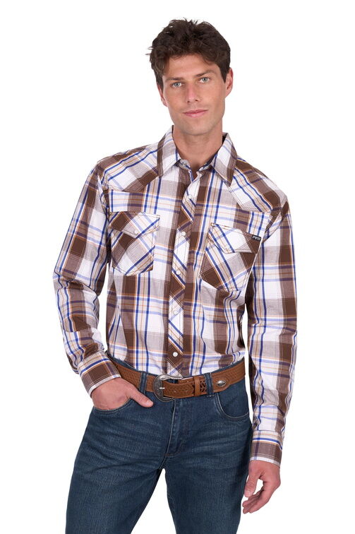 Pure Western Mens George L/S Shirt (P5S1100073) Dark Tan/Blue