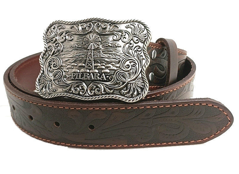Ritemate Unisex Pilbara Western Rodeo Buckle Tooled Leather Belt (RMPW003) Dark Brown
