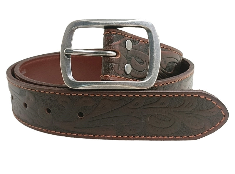 Ritemate Unisex Pilbara Western Oval Buckle Tooled Leather Belt (RMPW005) Dark Brown