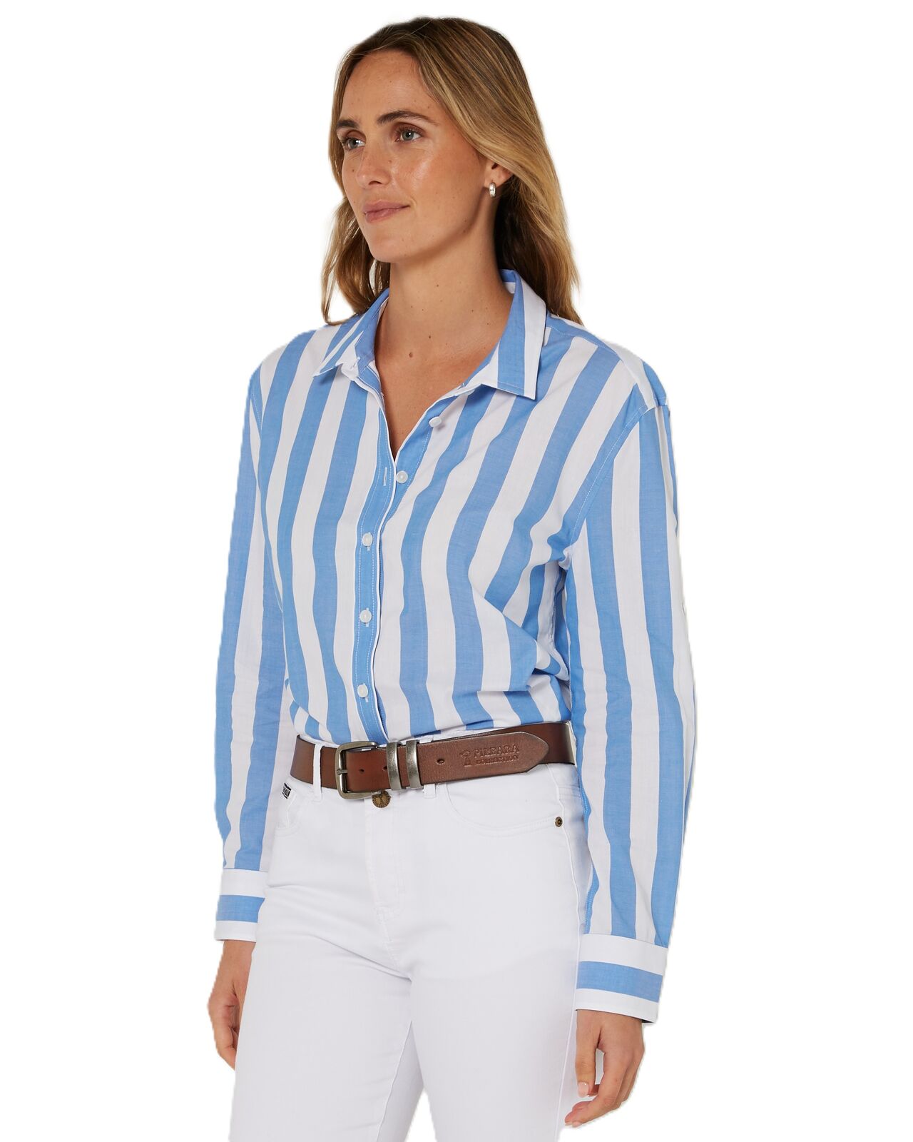 Ritemate Womens Pilbara Jacquelin Classic Cotton L/S Shirt (RMPC154) Blue/White