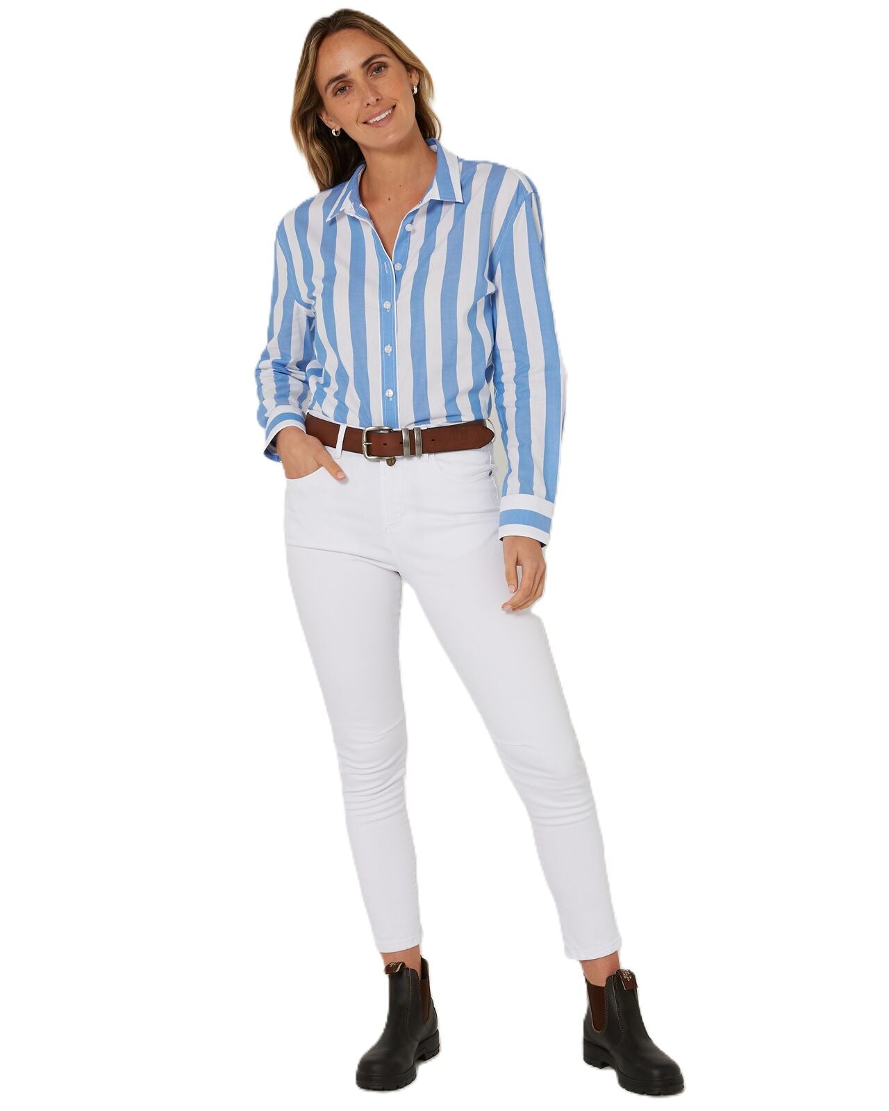 Ritemate Womens Pilbara Jacquelin Classic Cotton L/S Shirt (RMPC154) Blue/White