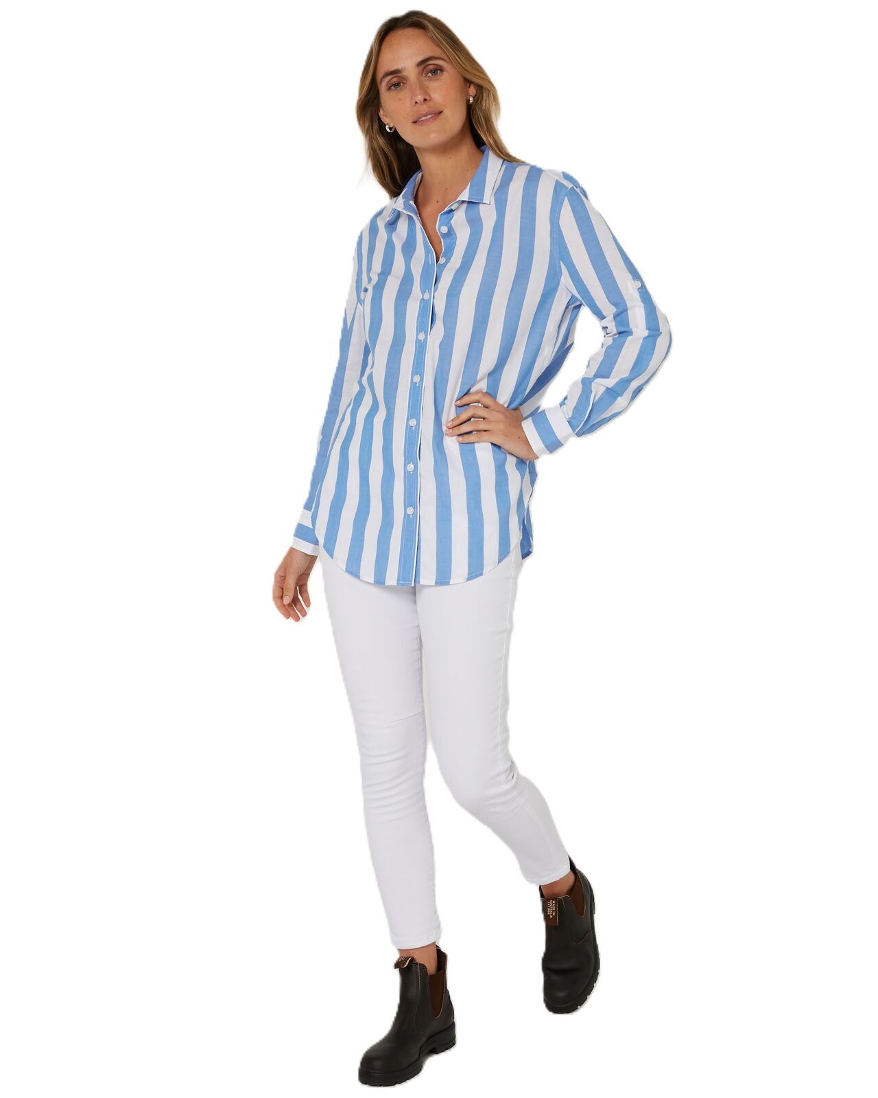 Ritemate Womens Pilbara Jacquelin Classic Cotton L/S Shirt (RMPC154) Blue/White