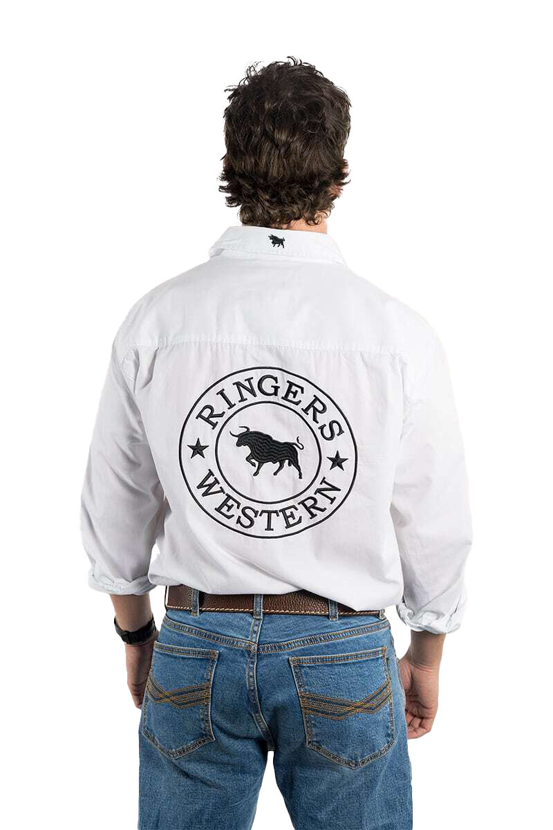 Ringers Western Mens Hawkeye Full Button Work Shirt (118110002) White with Black Embroidery