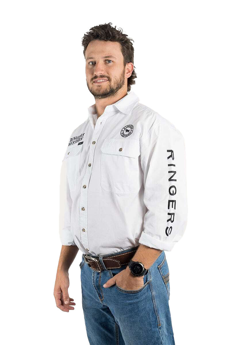 Ringers Western Mens Hawkeye Full Button Work Shirt (118110002) White with Black Embroidery