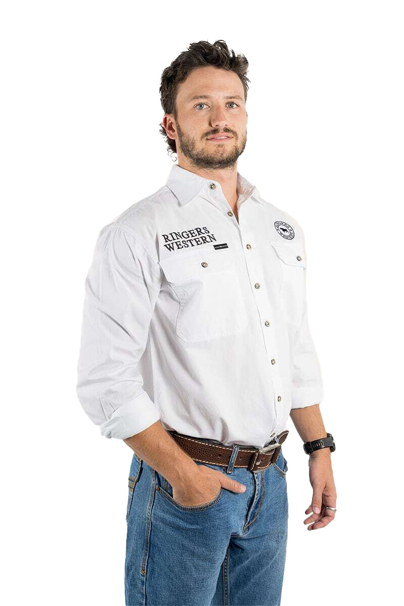 Ringers Western Mens Hawkeye Full Button Work Shirt (118110002) White with Black Embroidery