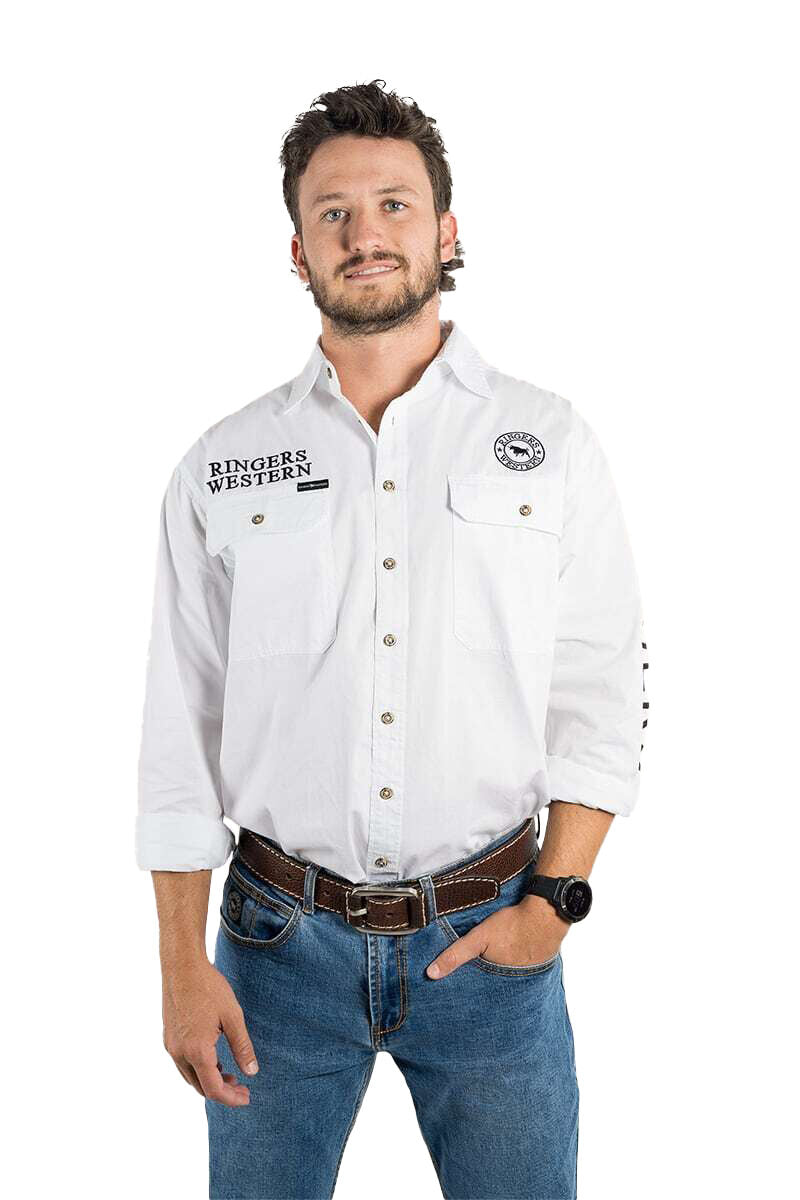 Ringers Western Mens Hawkeye Full Button Work Shirt (118110002) White with Black Embroidery