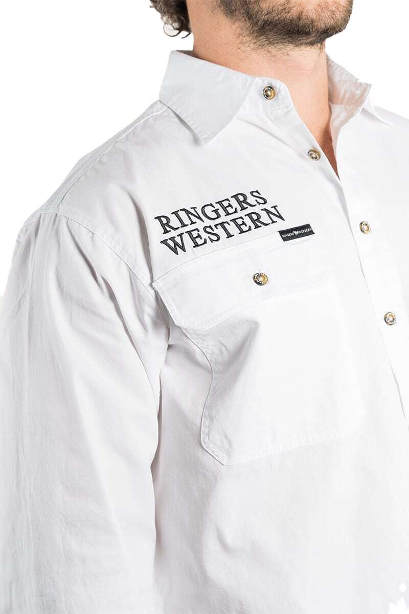 Ringers Western Mens Hawkeye Full Button Work Shirt (118110002) White with Black Embroidery