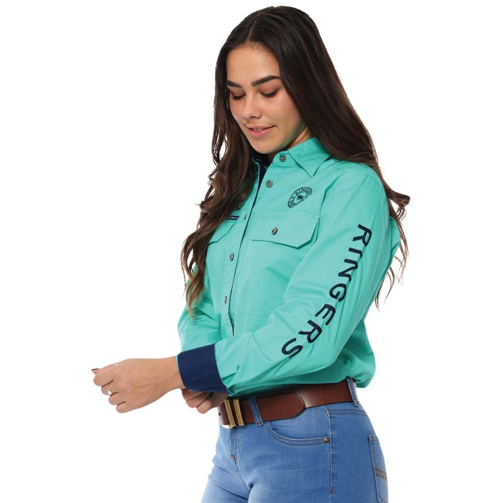 Ringers Western Womens Signature Jillaroo Full Button Work Shirt (218110002) Mint/Dark Navy Embroidery