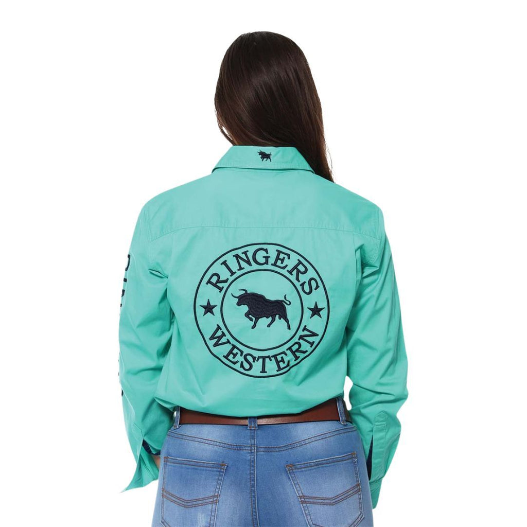 Ringers Western Womens Signature Jillaroo Full Button Work Shirt (218110002) Mint/Dark Navy Embroidery