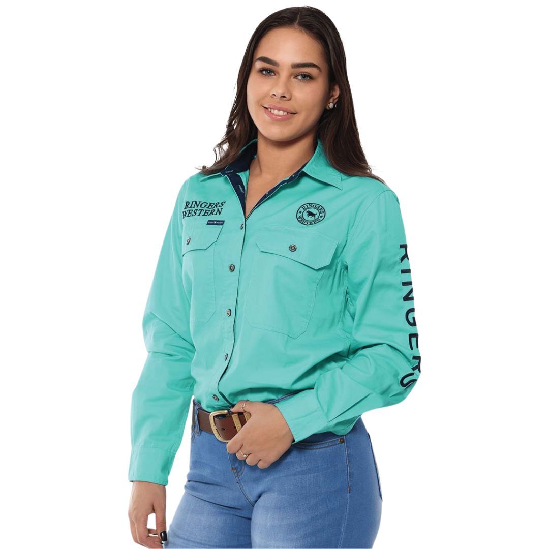 Ringers Western Womens Signature Jillaroo Full Button Work Shirt (218110002) Mint/Dark Navy Embroidery