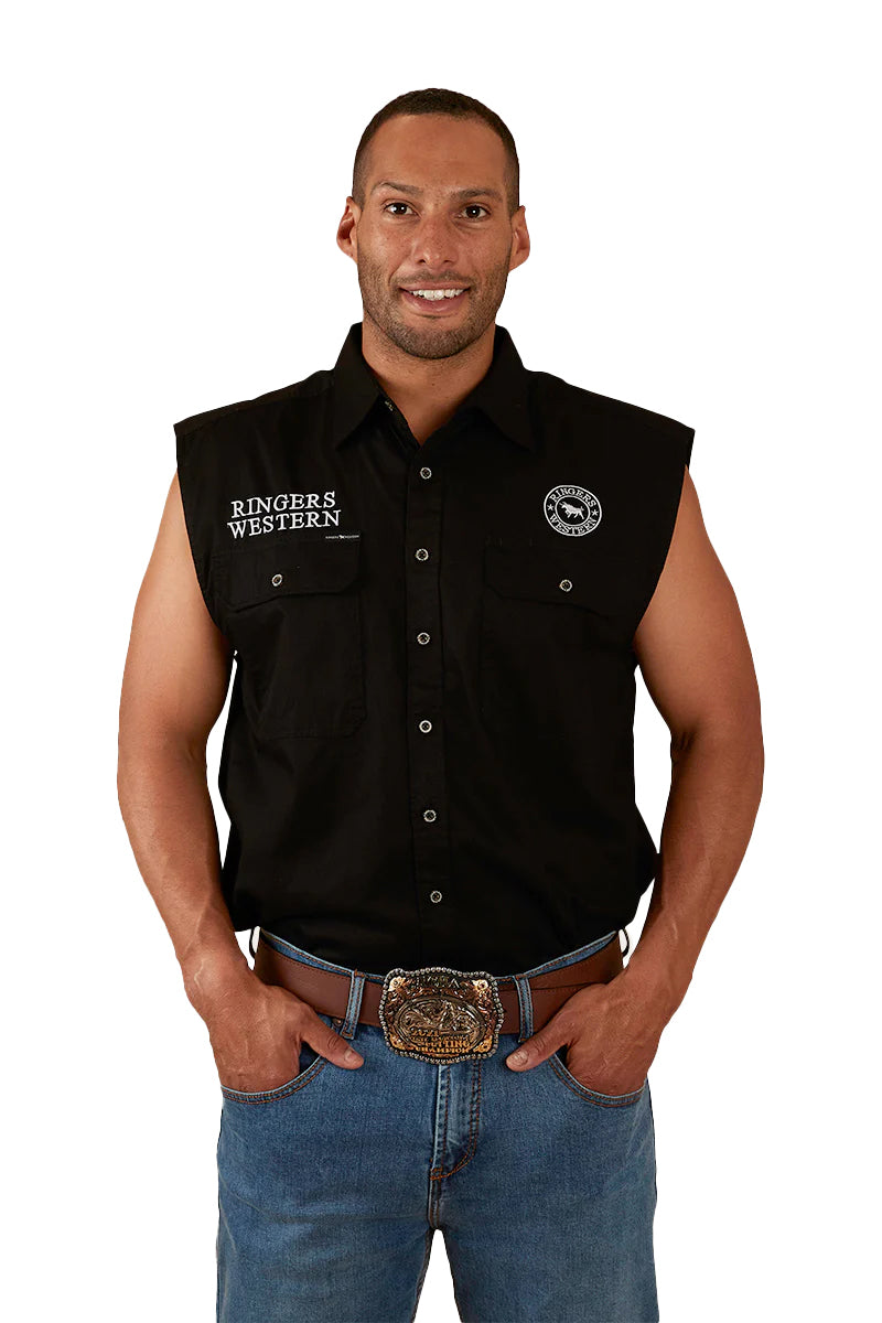 Ringers Western Mens Hawkeye Sleeveless Work Shirt (120210991) Black with White Embroidery