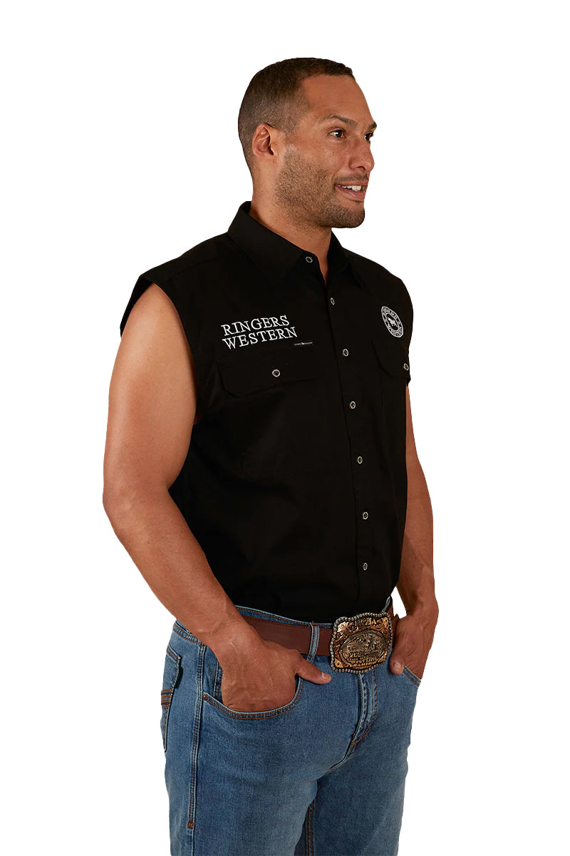 Ringers Western Mens Hawkeye Sleeveless Work Shirt (120210991) Black with White Embroidery