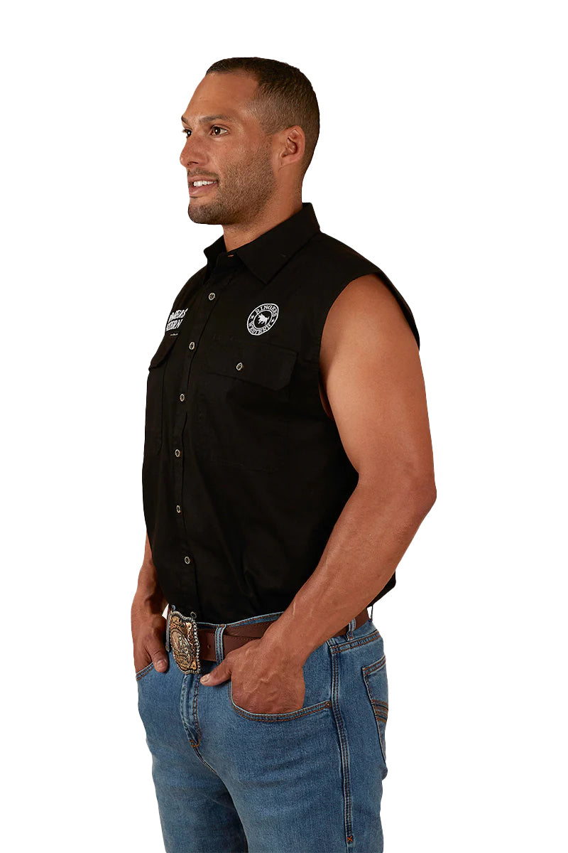 Ringers Western Mens Hawkeye Sleeveless Work Shirt (120210991) Black with White Embroidery