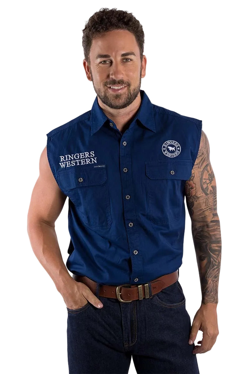 Ringers Western Mens Hawkeye Sleeveless Work Shirt (120210991) Navy with White Embroidery 